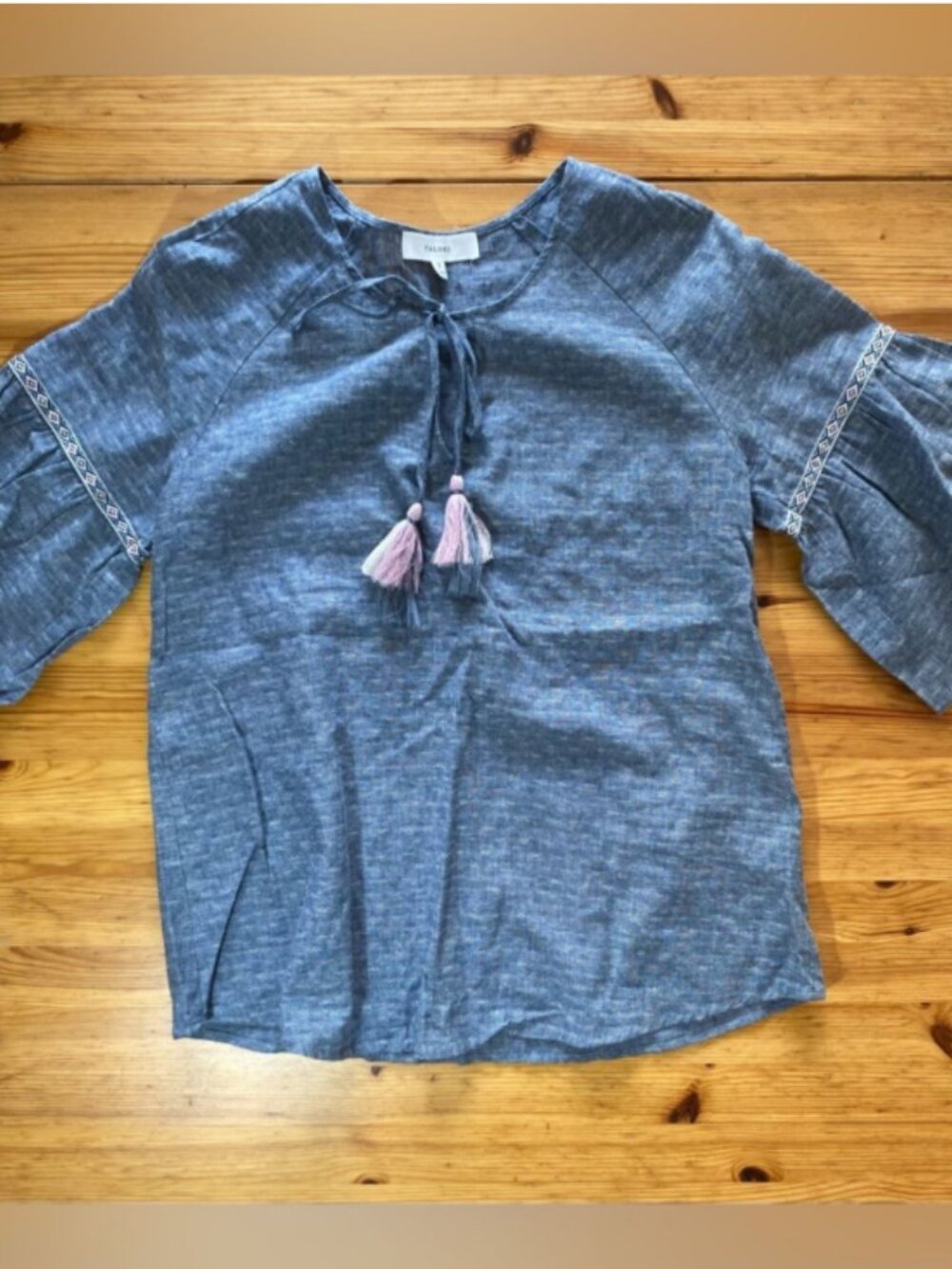 Talori Linen Embroidered Bohemian Blouse in Blue Grey Size Small - Picture 3 of 7